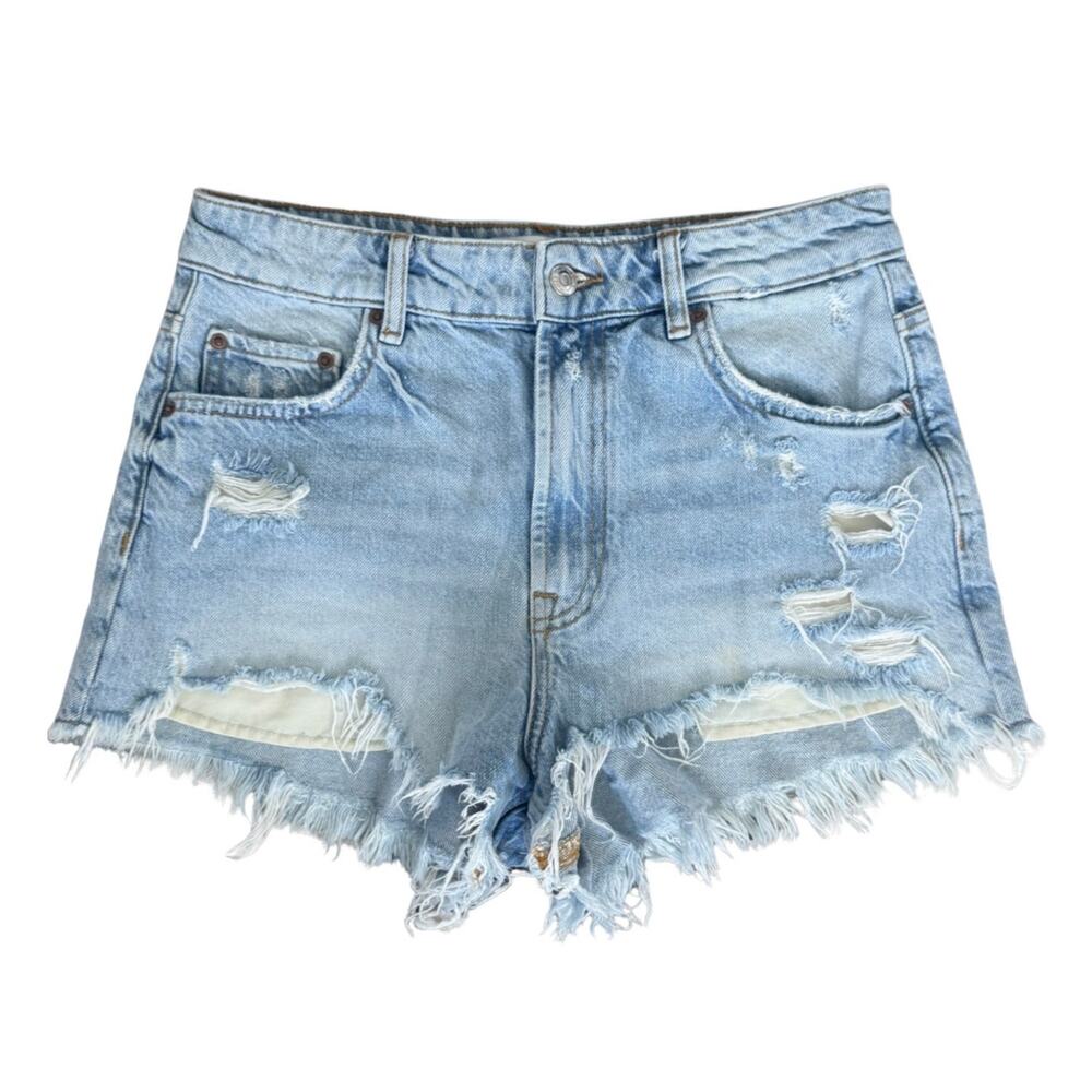 Zara The High Waist Short Distressed Denim Light Wash Jean Shorts Cotton Size 6